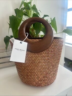 Sold out Woven Straw Bucket Bag with Wooden Ring Handle - Brown